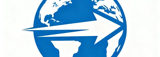 东方跨境物流LOGO,蓝色地球轮廓内嵌飞速箭头,凸显全球化物流网络的高效连接。