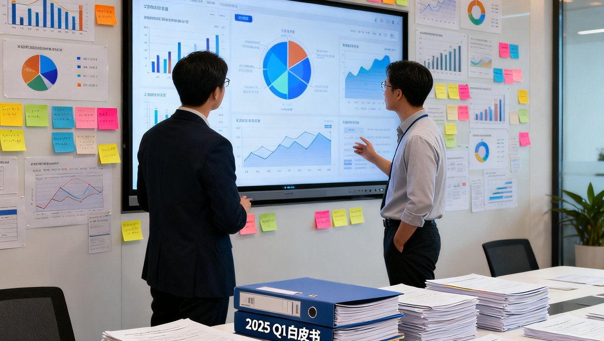 AG贵宾会研究院的会议室中，一面墙贴满了数据图表和行业分析便签，两位分析师正在对照大屏幕上的可视化数据讨论趋势发现，桌上堆放着厚厚的调研问卷和标有'2025 Q1白皮书'字样的文件夹。